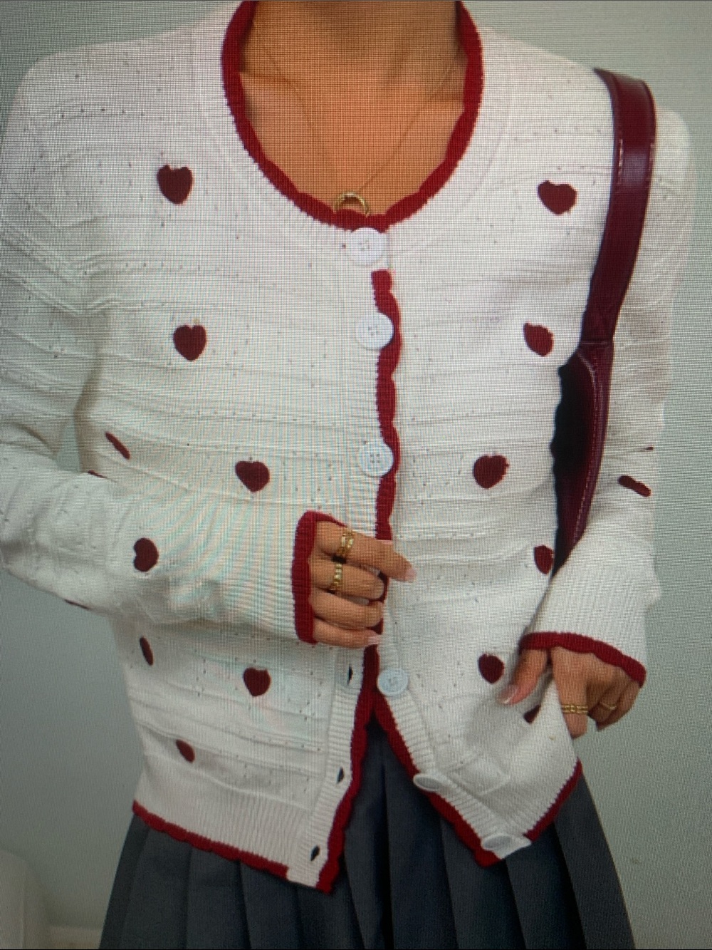 White Heart-Embroidered Cardigan with Red Trim